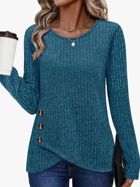 Womens Ribbed Crewneck Sweater with Button Detail - Blue